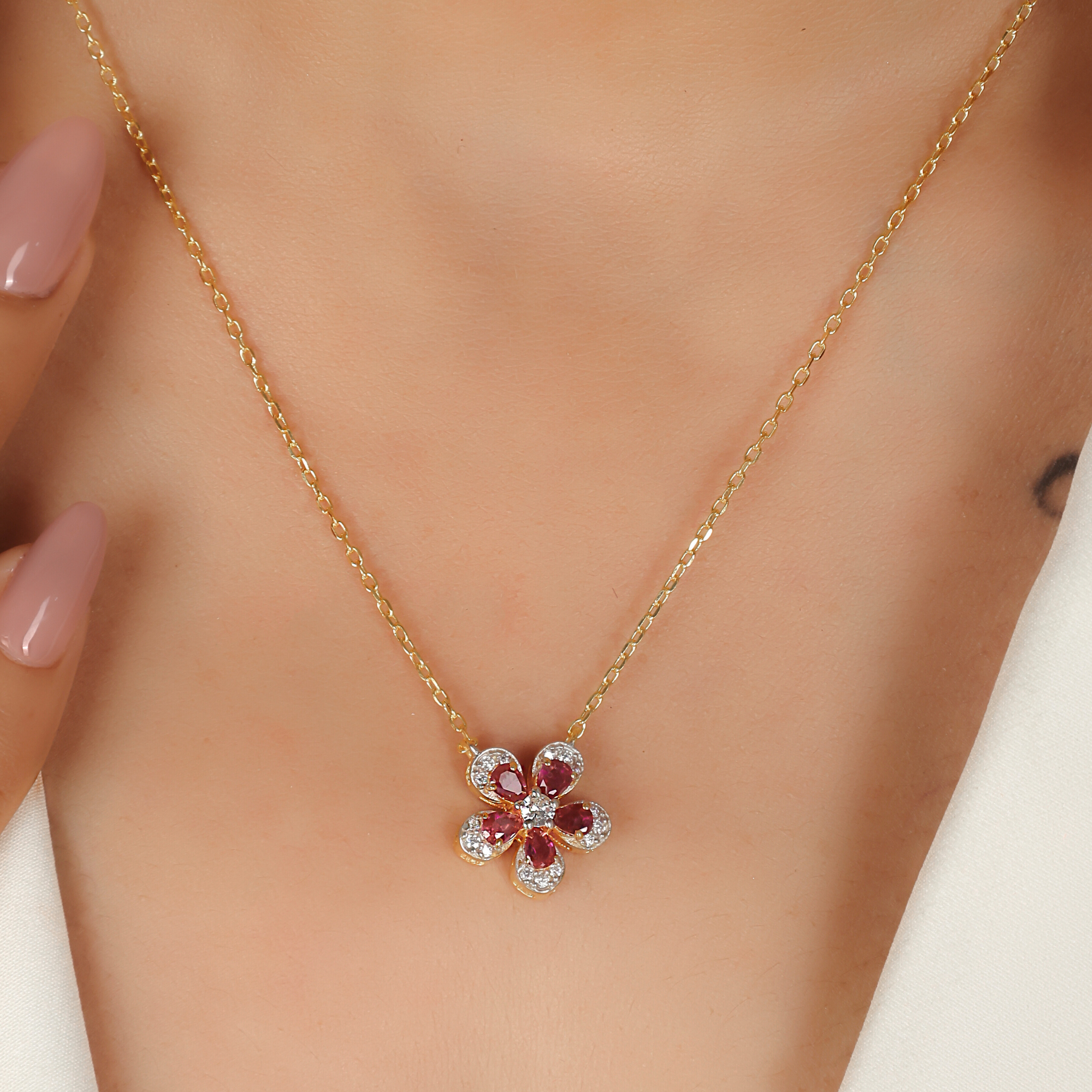 Daisy Flower Ruby Pendant With Chain, Hallmarked 925 Sterling Silver
